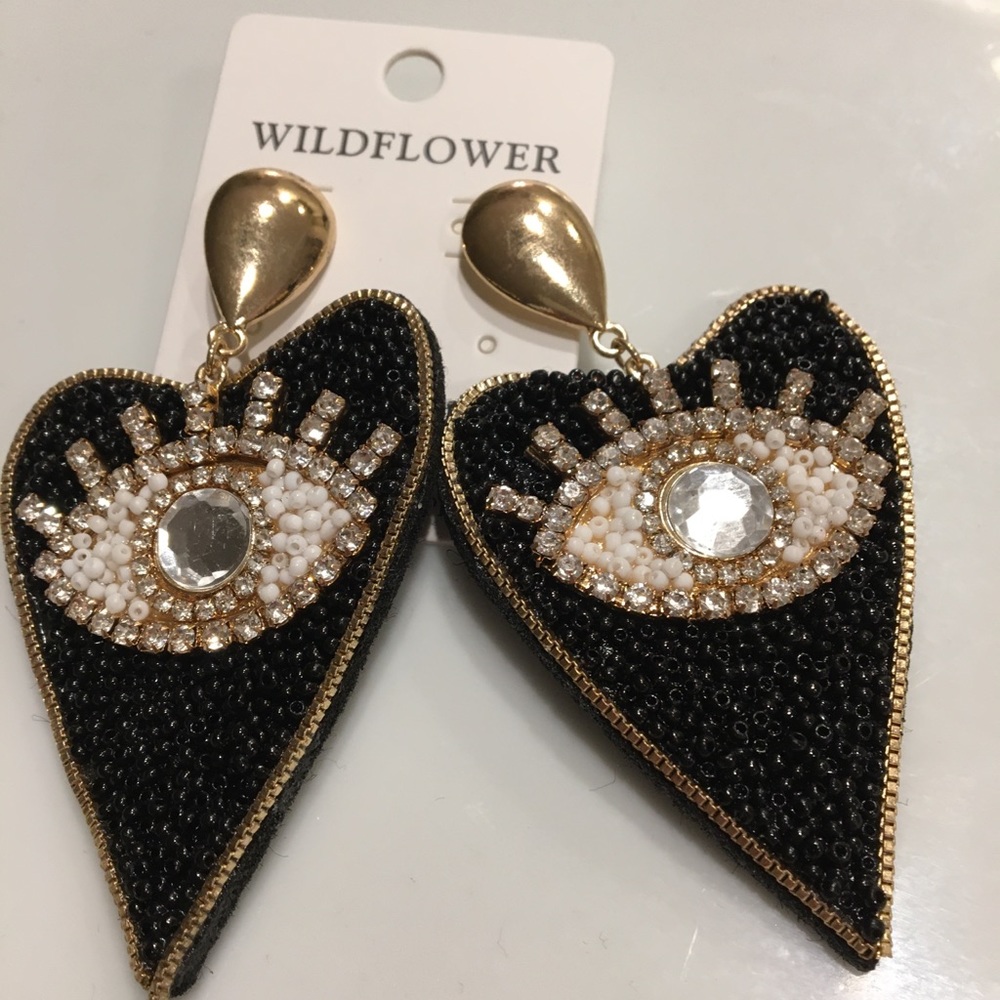 Evil Eye Beaded Heart Earrings Black